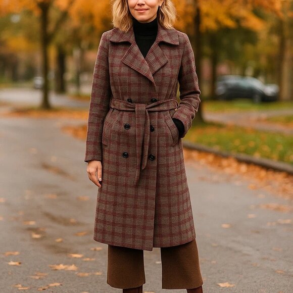 Anthropologie Plaid Wool Trench Jacket Pea Coat Preppy Fall Winter Quiet Luxury - Picture 1 of 9